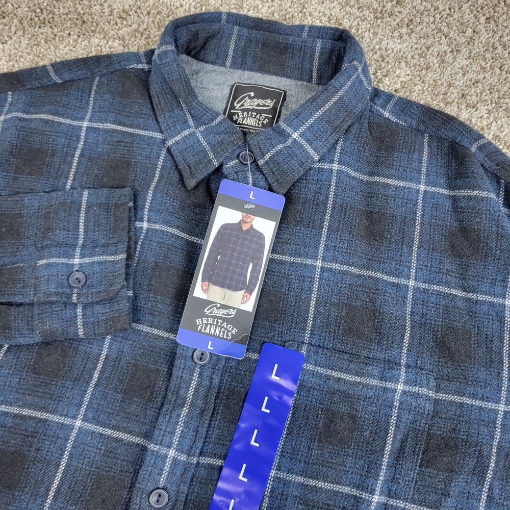 NWT Grayers Heritage Mens Large Black Blue Plaid Button Up LS Flannel